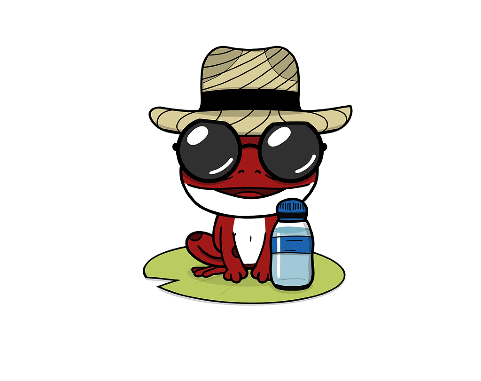 Frosch bei Hitze mit Wasserflasche