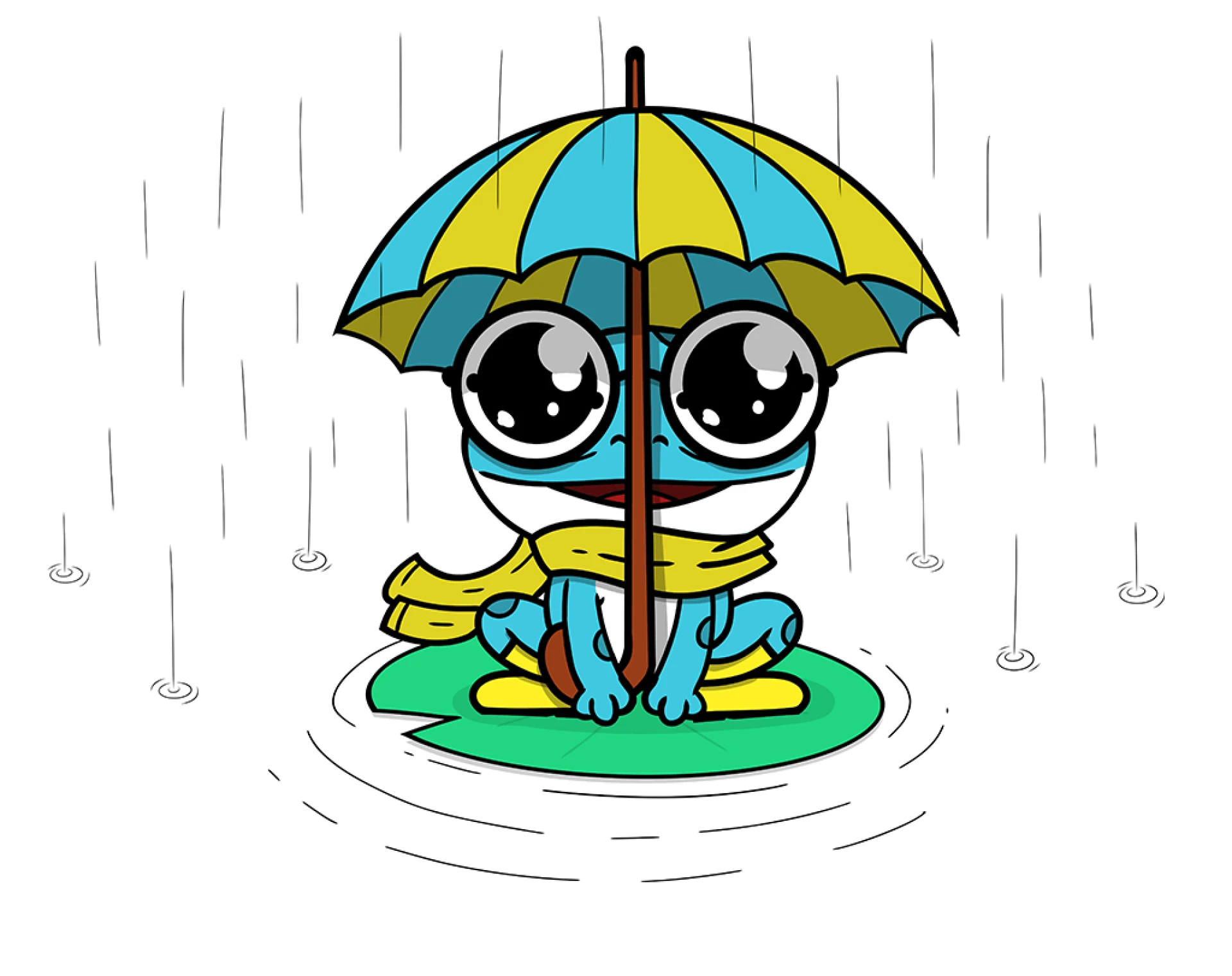 Frosch bei Starkregen mit Regenschirm