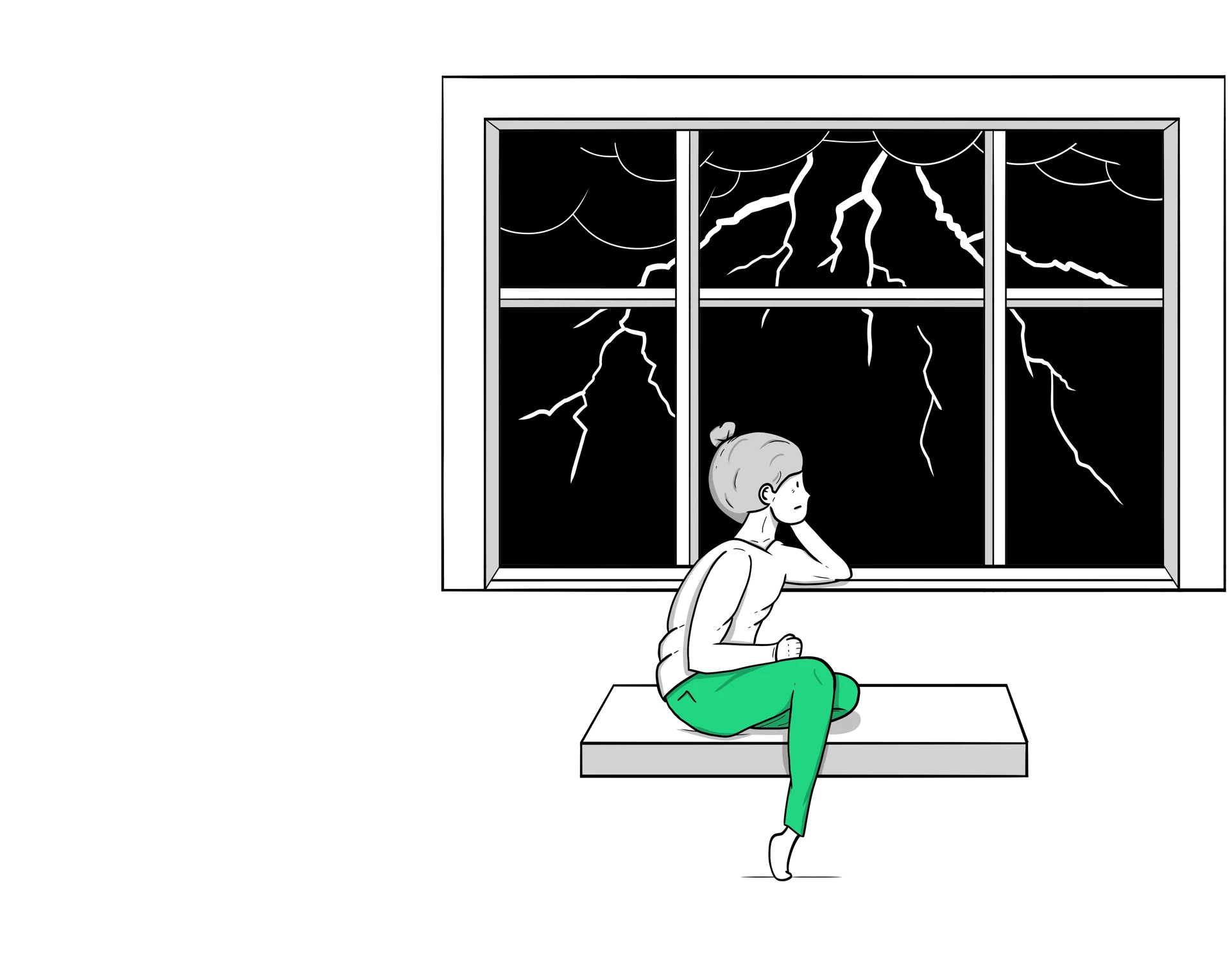 Ältere Frau vor einem Fenster bei Gewitter