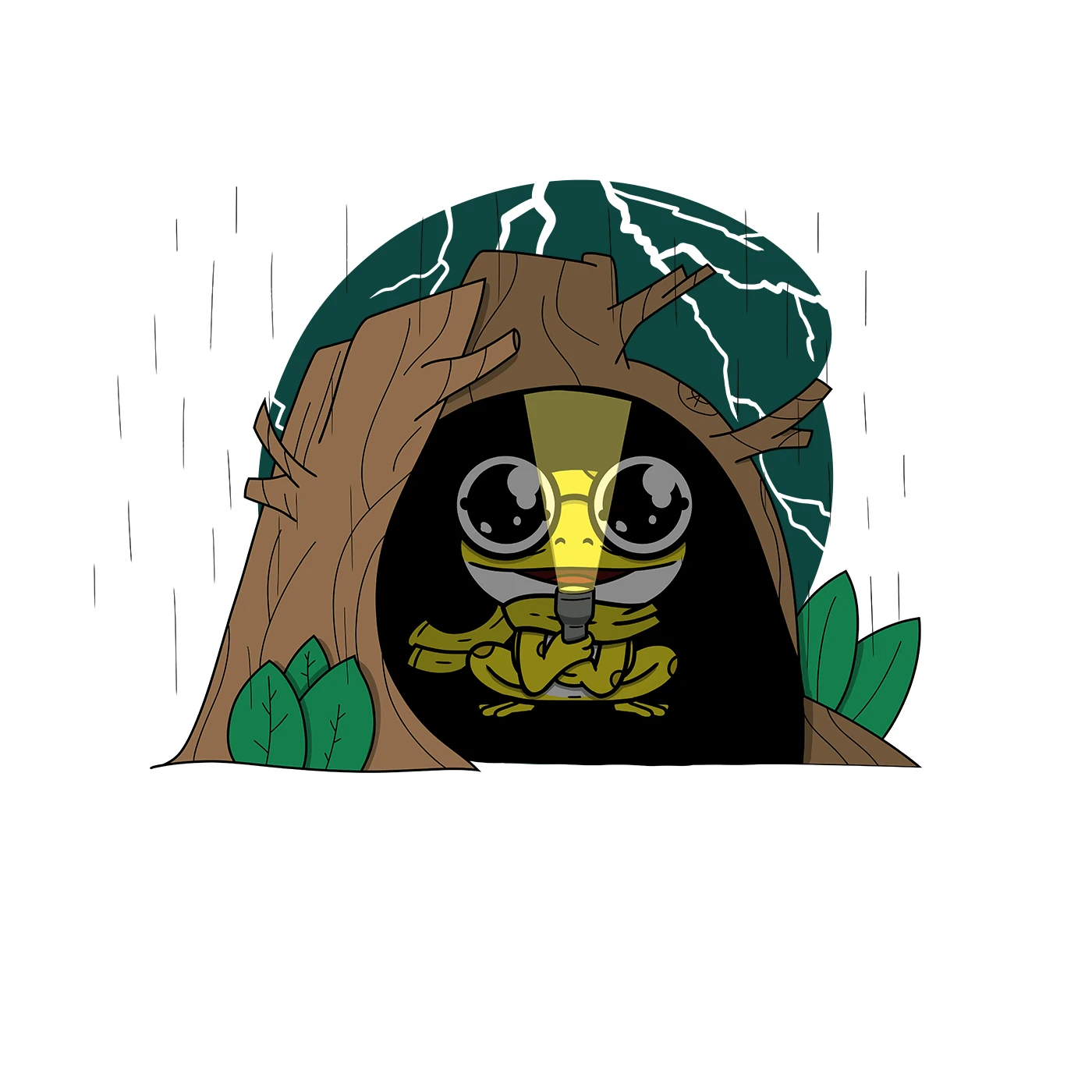 Frosch in Höhle bei Gewitter mit Taschenlampe