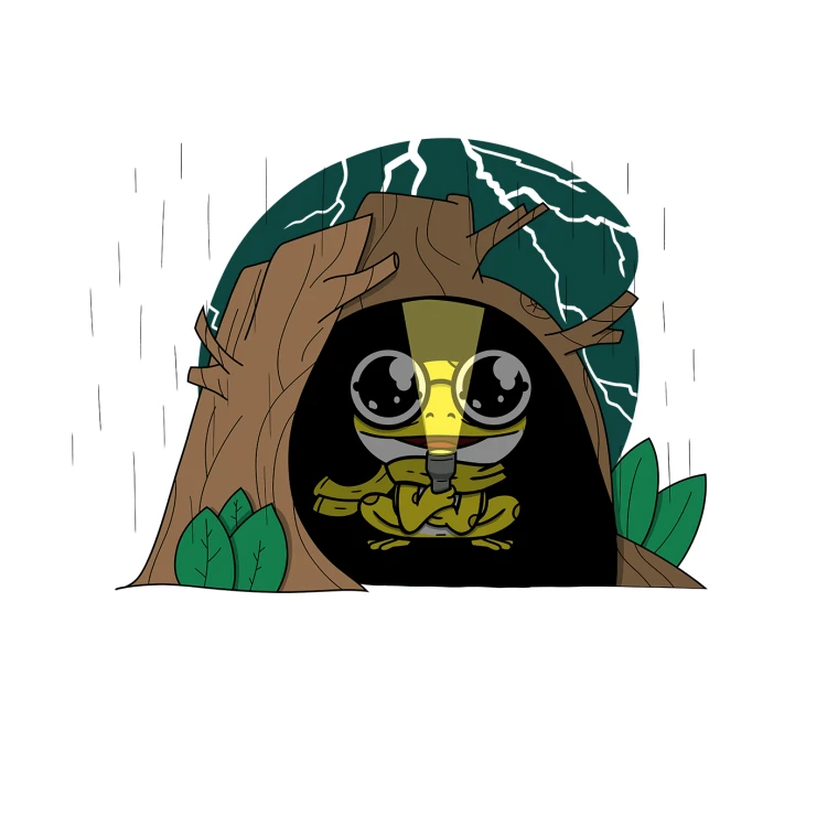 Frosch in Höhle bei Gewitter mit Taschenlampe