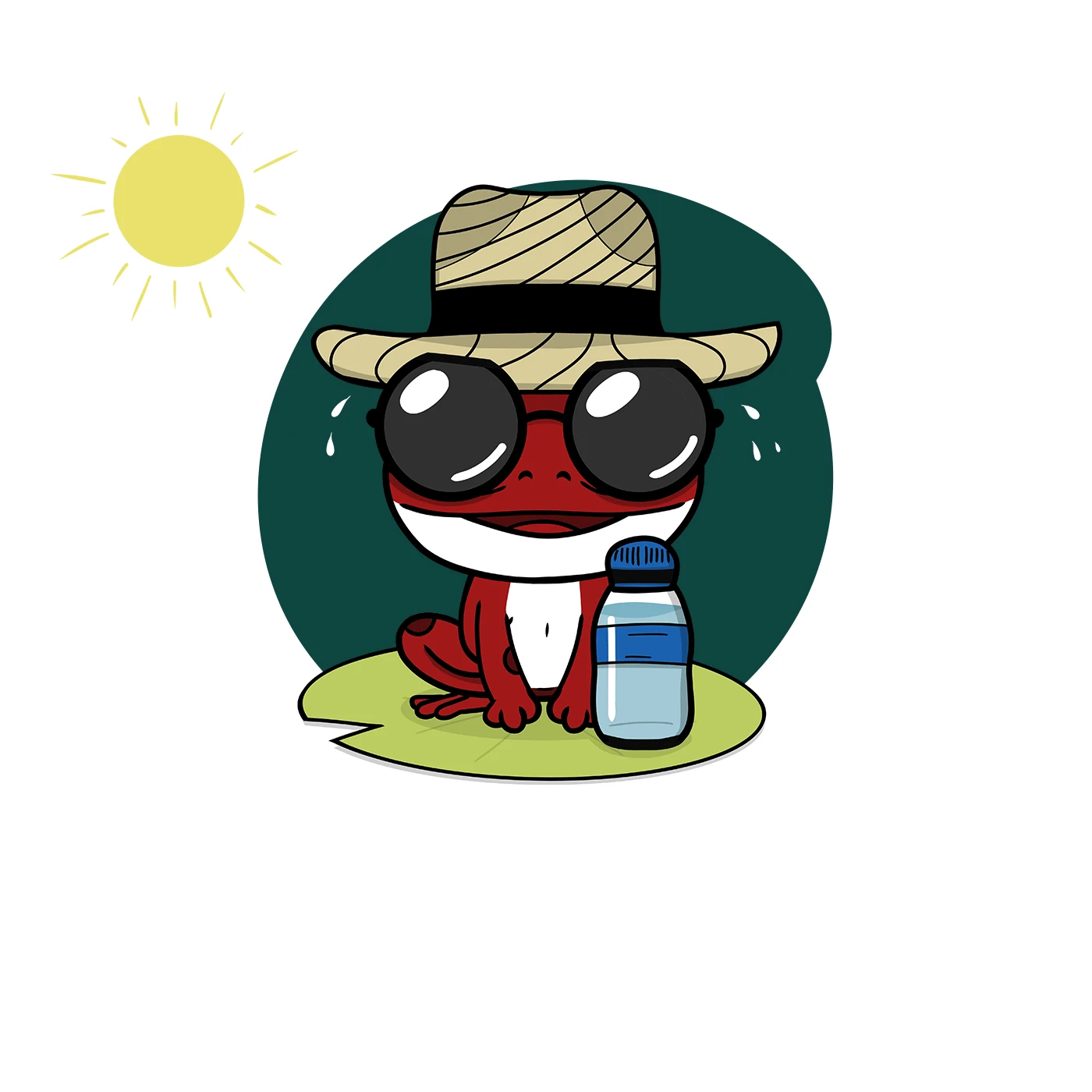 Frosch Hitze mit Wasserflasche