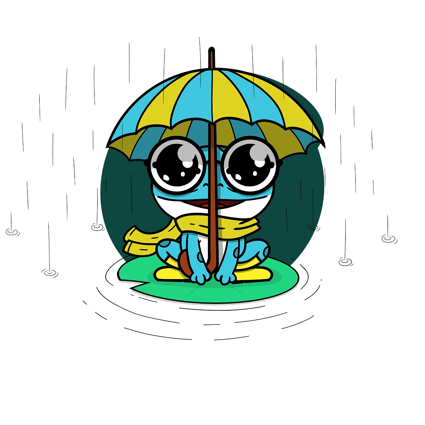 Frosch bei Starkregen mit Regenschirm