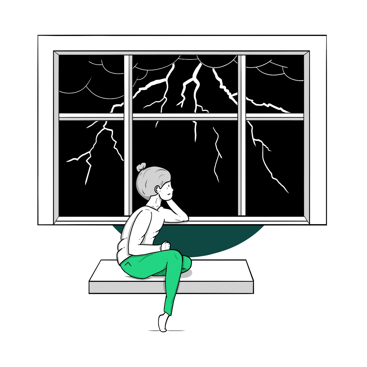 Ältere Frau vor einem Fenster bei Gewitter